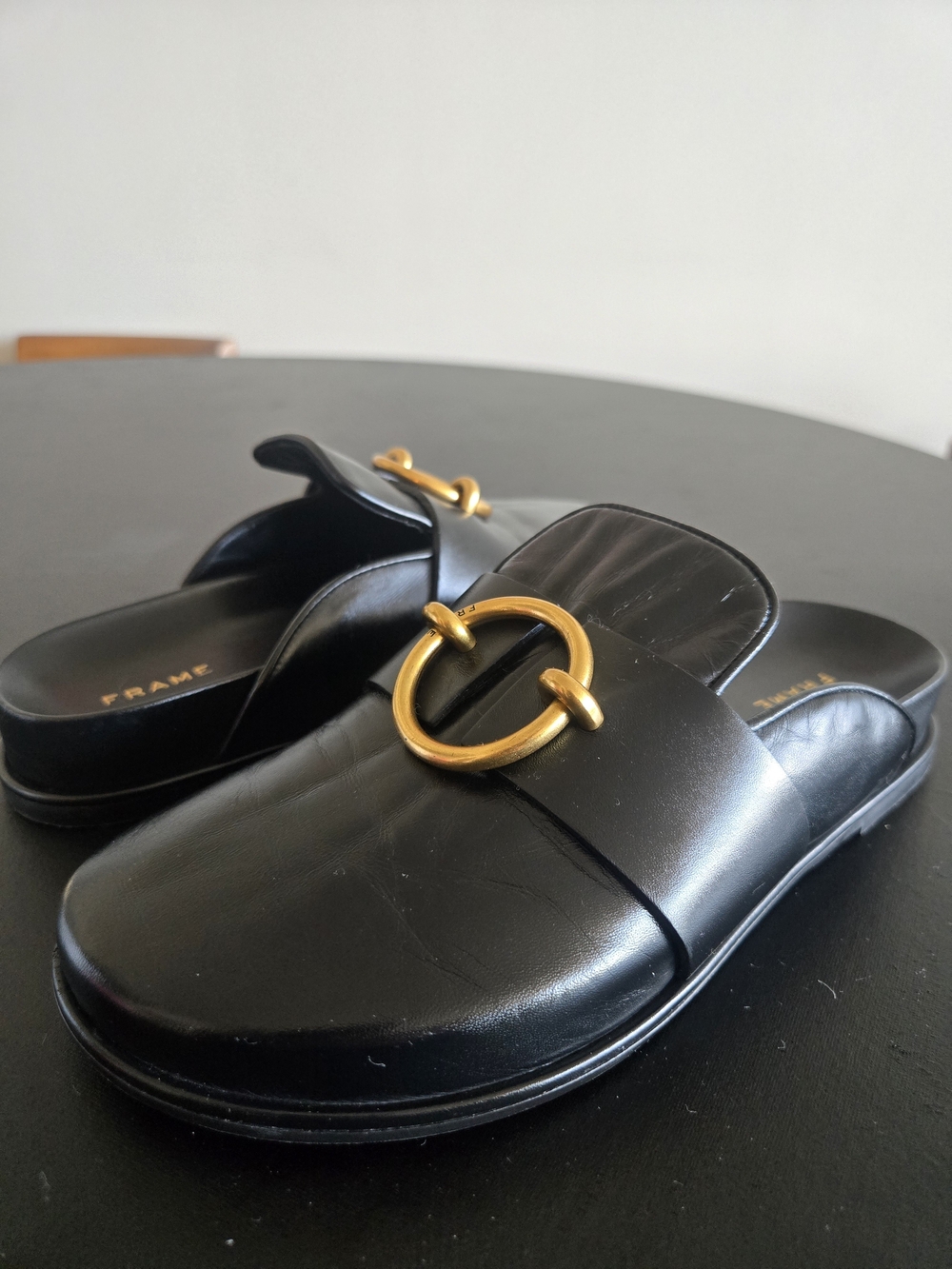 Frame Denim Black Leather Slide Mules with Gold Ring Accent